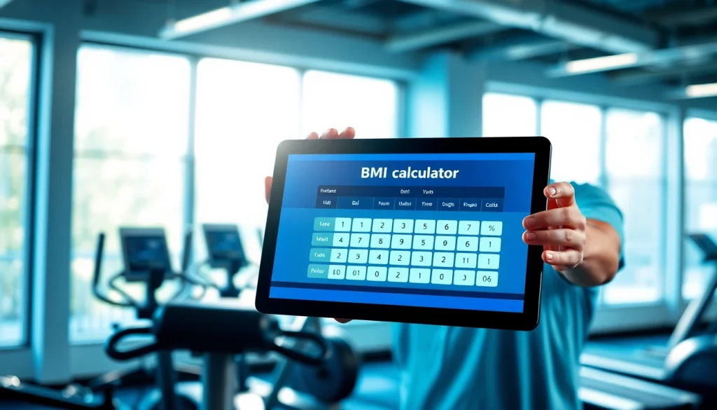 Calculate your body mass index (BMI) with an interactive bmi calculator displayed in a modern gym.