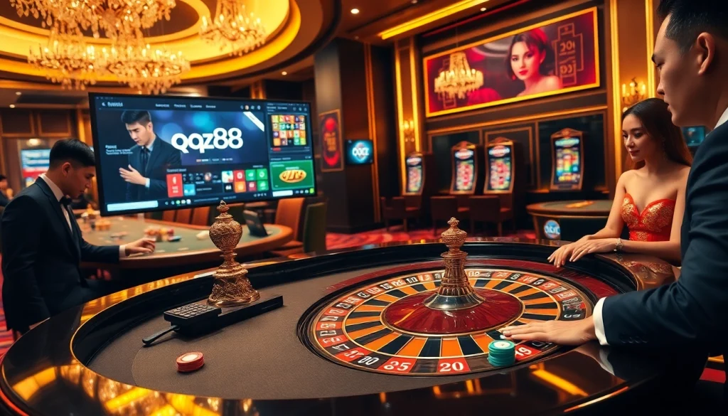 Experience the thrill of gambling at nhà cái qq88 with vibrant casino visuals of players engaging in roulette.