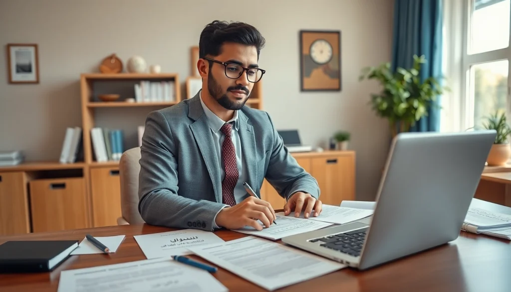 Traducteur assermenté arabe travaillant à un bureau avec des documents, un ordinateur portable et une ambiance professionnelle.