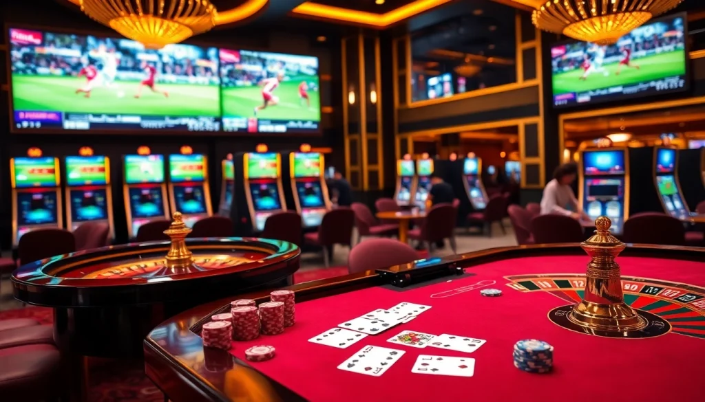 Live soccer streaming (trực tiếp bóng đá) in an upscale casino ambiance featuring gaming tables and excitement.