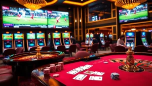 Live soccer streaming (trực tiếp bóng đá) in an upscale casino ambiance featuring gaming tables and excitement.
