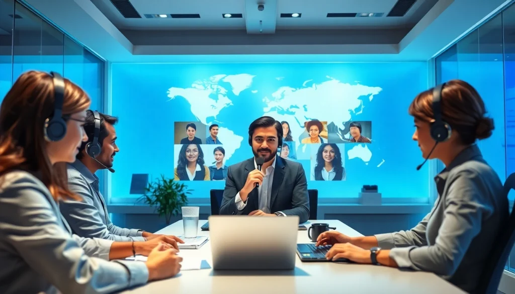 On-demand interpretation services connecting clients globally through video communication in a modern office.