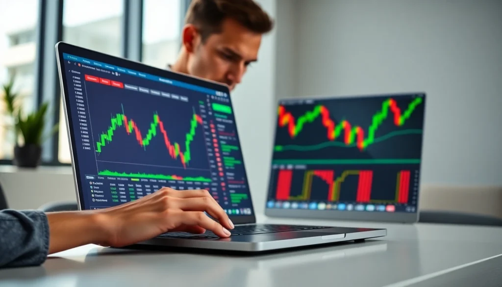 Engaged trader using hotforex mt4 on a laptop to analyze forex market data.