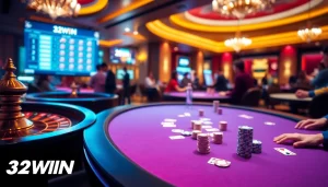 32WIN players engaging in exciting poker action at a luxury casino table.