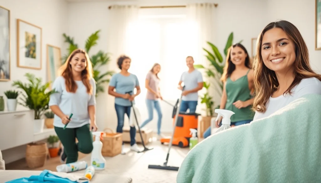 Cleaning service team efficiently tidying a bright home with eco-friendly products.