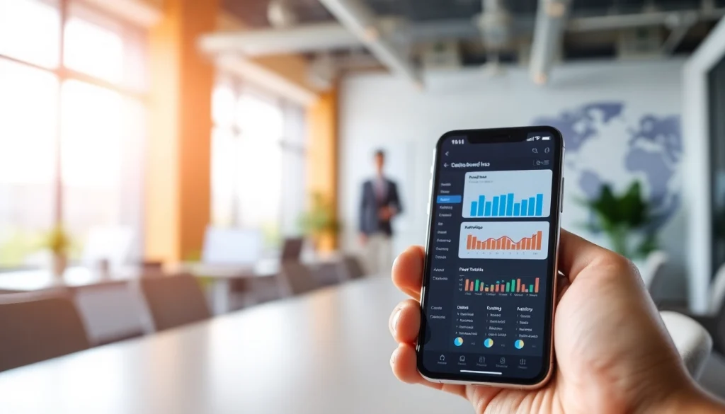 Explore a mobile CRM interface on a smartphone in a stylish office, showcasing user-friendly features.