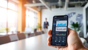 Explore a mobile CRM interface on a smartphone in a stylish office, showcasing user-friendly features.