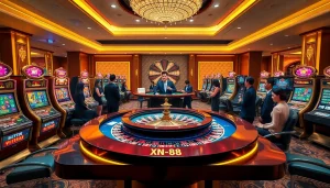 Experience thrilling gameplay at XN 88's luxurious casino tables with vibrant roulette and slot machines.