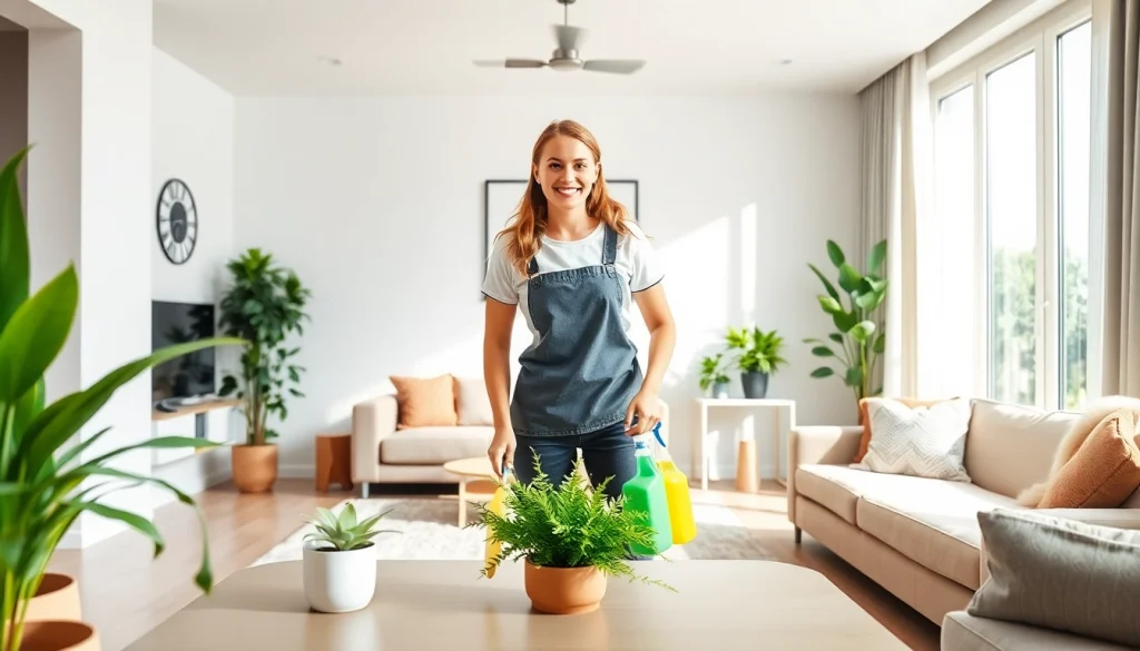 Professional cleaning service demonstrating eco-friendly practices in a bright and organized living space.