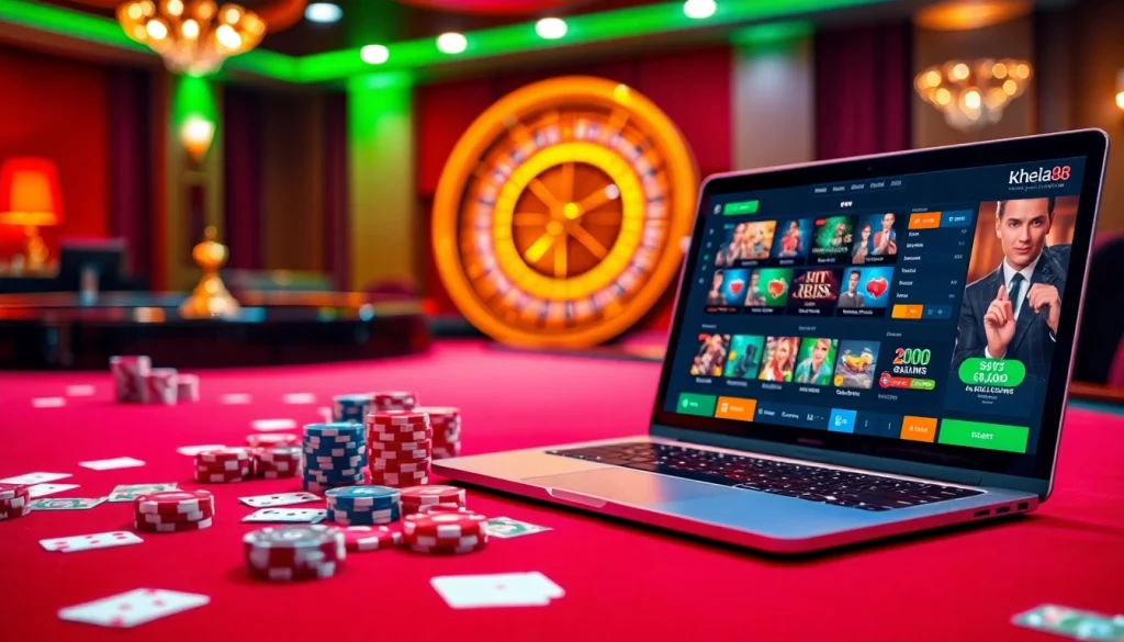 Khela88 bangladesh online casino scene with poker chips, cards, and a roulette wheel.