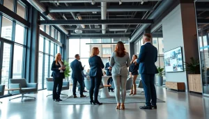 Showcasing real estate agents collaborating in a modern office setting.