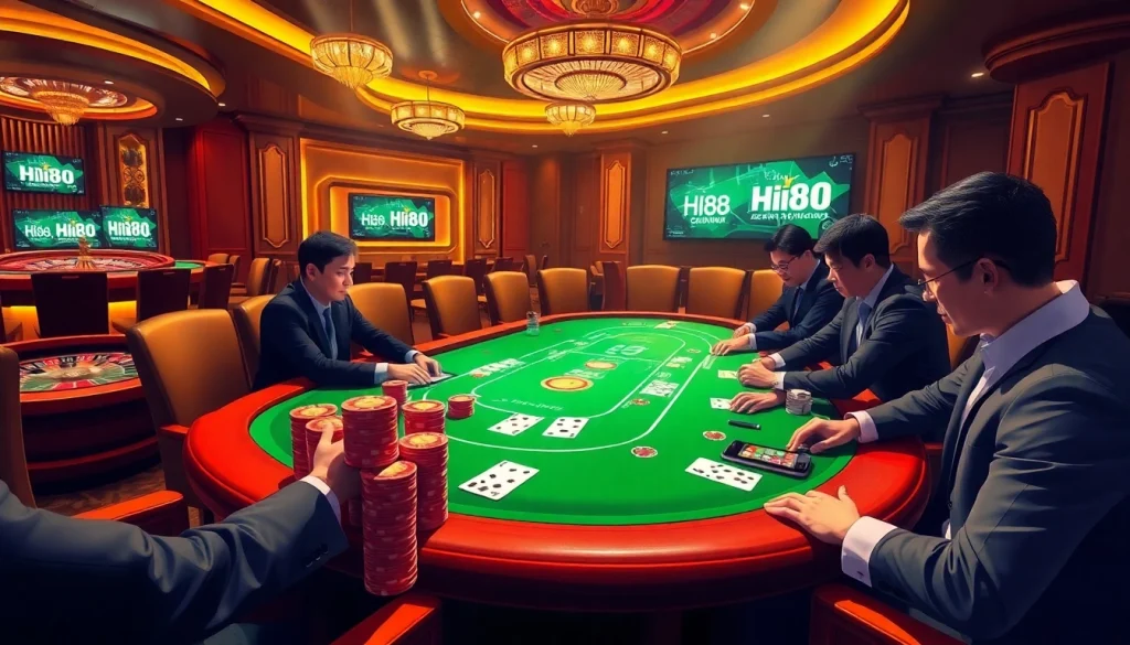 Experience the thrill of the Hi88 link mới with a vibrant casino scene featuring poker and roulette.
