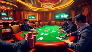 Experience the thrill of the Hi88 link mới with a vibrant casino scene featuring poker and roulette.