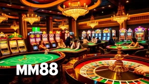 Players enjoying a thrilling game of poker in a luxurious casino setting, highlighting MM88 ambiance.