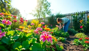 Gardening techniques showcased by a diligent gardener amidst colorful flowers and plants.