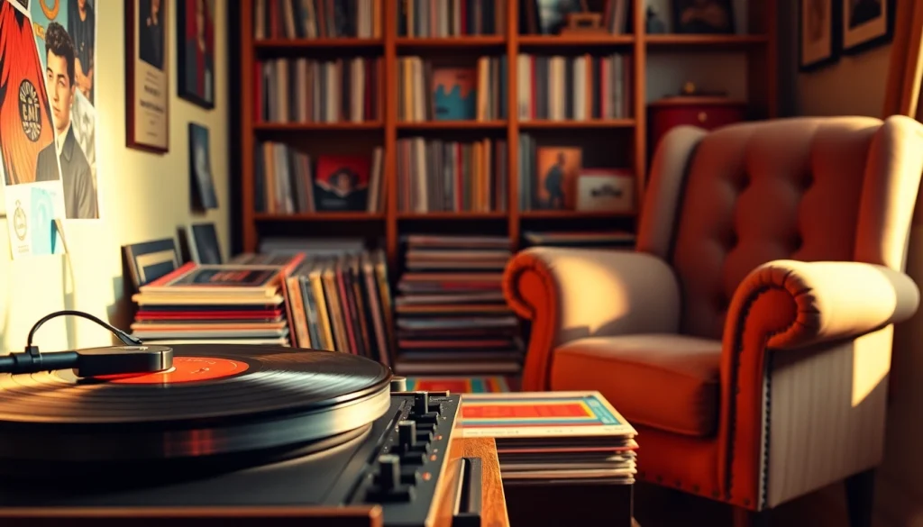Displaying lp records on a vintage turntable in a cozy, warmly lit room atmosphere.