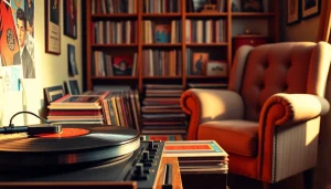 Displaying lp records on a vintage turntable in a cozy, warmly lit room atmosphere.