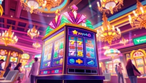 Mainkan yuyu4d slot dengan mesin slot berkilau di tengah suasana kasino yang ramai.