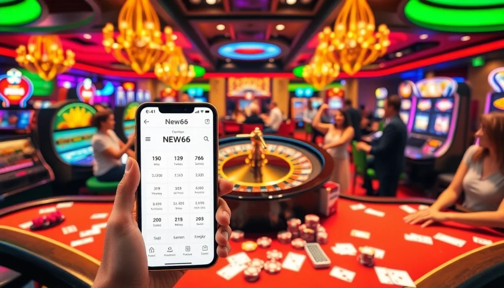 Engage with new66 gaming excitement at a vibrant casino with roulette, cards, and chips.