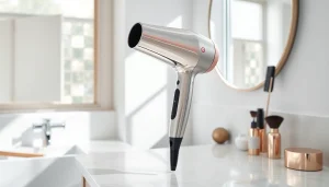 Stylish laifen swift hair dryer displayed elegantly in a contemporary bathroom setting.