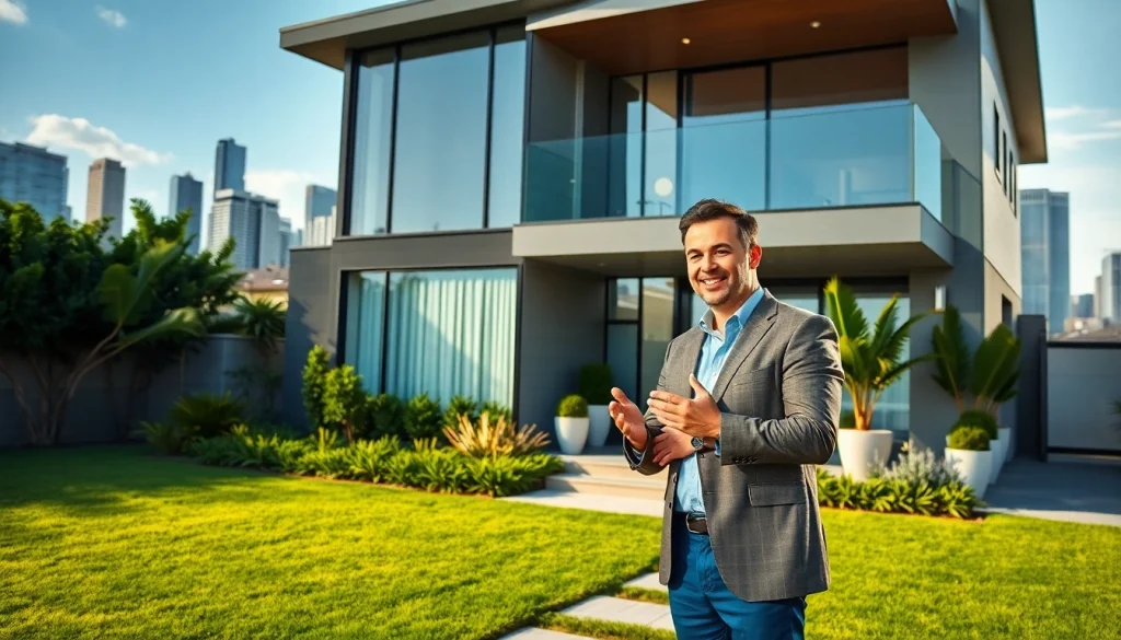 Engaging real estate agent presenting a luxurious property to potential buyers.