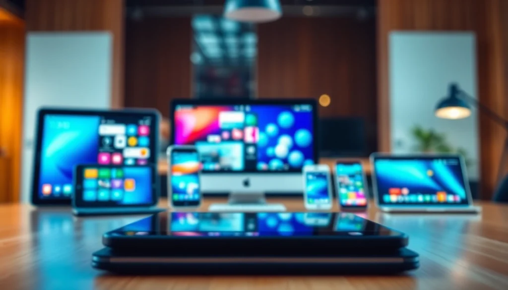 Showcase of mobile apps on devices in a modern workspace, highlighting their versatility and innovation.