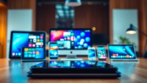 Showcase of mobile apps on devices in a modern workspace, highlighting their versatility and innovation.