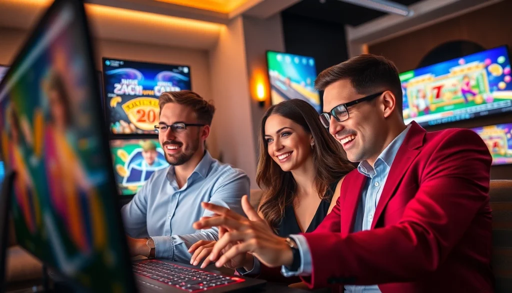 Gamblers enjoying the best online casinos in South Carolina in a vibrant home setting.
