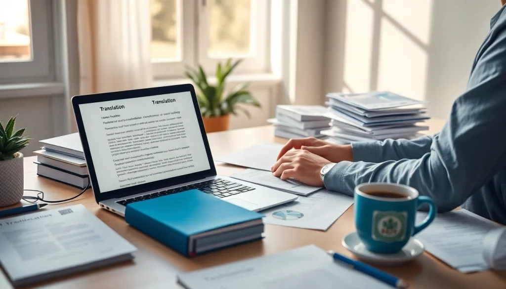 Professional setting depicting traducción jurada with documents, laptop, and translation tools.