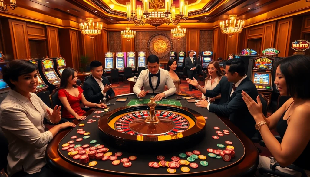 Hi88 players engaging in an exciting casino game with vibrant chips and a roulette wheel.