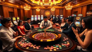 Hi88 players engaging in an exciting casino game with vibrant chips and a roulette wheel.