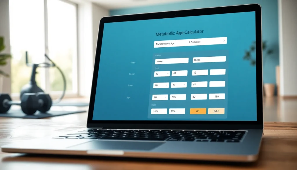 Interactive metabolic age calculator displayed on modern laptop amidst a vibrant home gym setup.