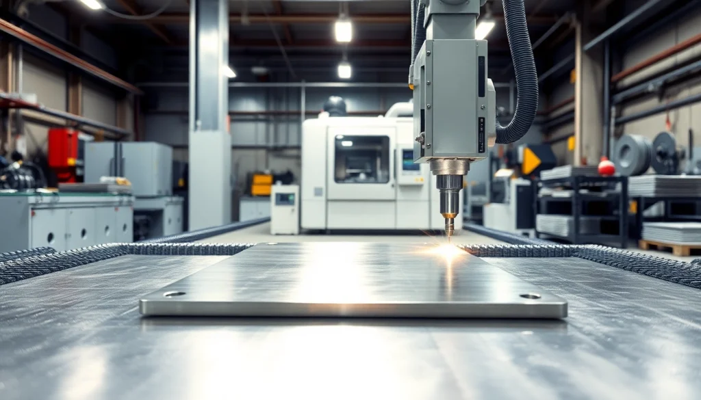 Precision plate cutting in a technological workshop showcasing advanced machinery and vibrant lighting.