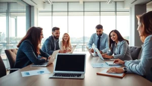 Business team collaborating in a professional office environment showcasing teamwork and engagement.