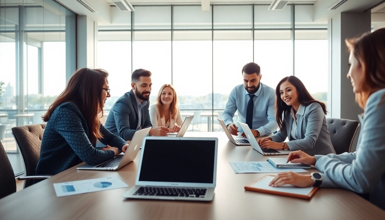 Business team collaborating in a professional office environment showcasing teamwork and engagement.