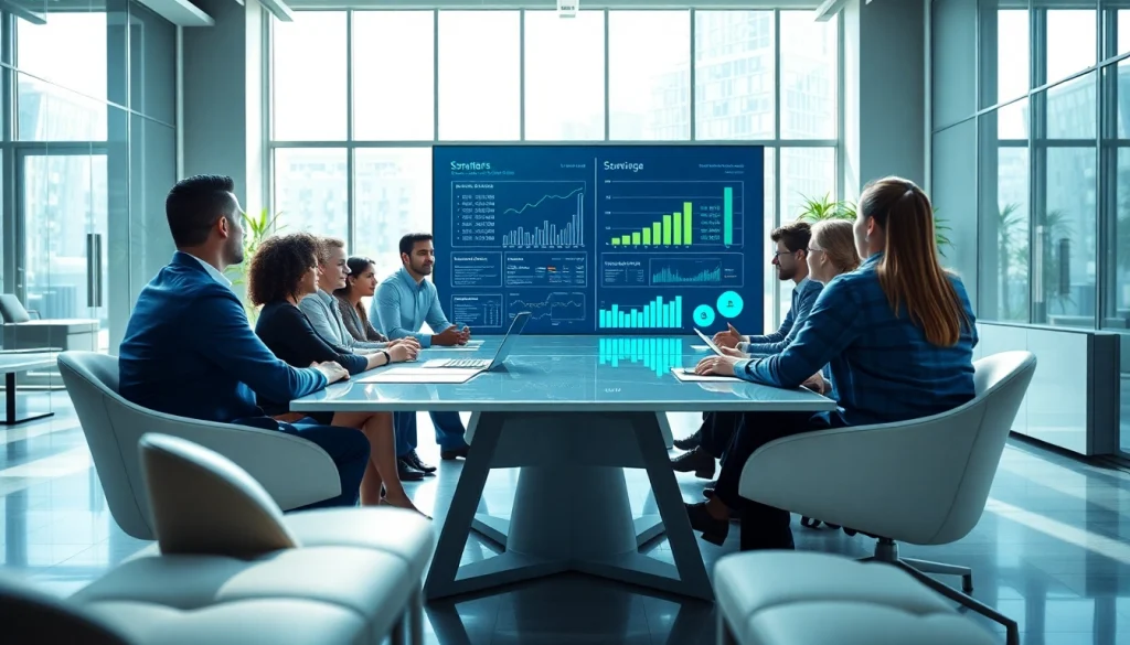 Engaged business professionals collaborating effectively in a modern meeting space.