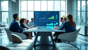 Engaged business professionals collaborating effectively in a modern meeting space.