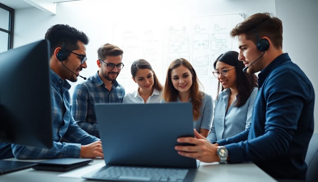 Managed IT support team actively resolving issues in a vibrant office space.