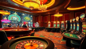 Players enjoy an exciting game at 79king casino, surrounded by vibrant slot machines and roulette tables.