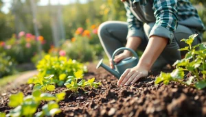 Gardening activities showcasing a gardener nurturing vibrant plants in a rich outdoor environment.