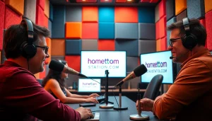 Engaging radio host in a professional studio highlighting hometownstation.com broadcasts.