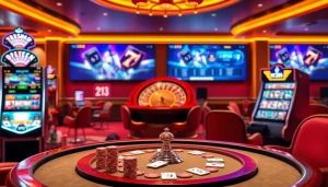 Engage with exciting gaming opportunities at w88 213 featuring a luxurious poker table and roulette wheel.