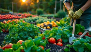 Gardening enthusiast nurturing a colorful vegetable garden filled with fresh produce.