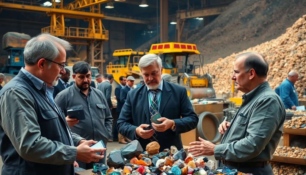 Engaging scene of ore brokers facilitating trade of mineral stones in a mining environment.
