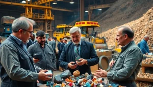 Engaging scene of ore brokers facilitating trade of mineral stones in a mining environment.