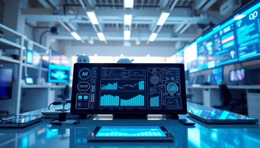Showcase AI testing metrics and chatbot interaction on https://benchbot.ai in a modern lab.
