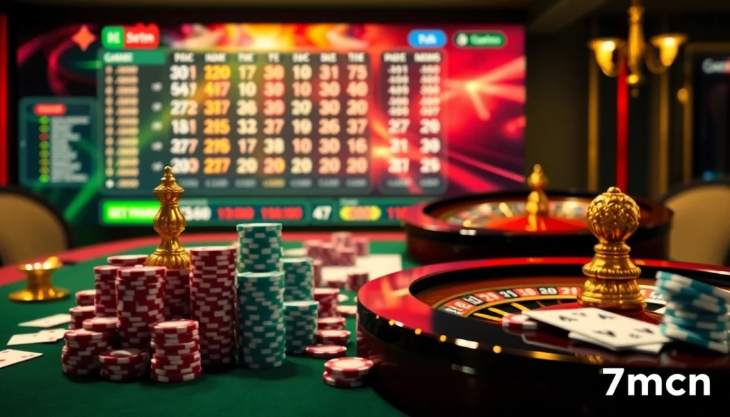 Experience winning strategies on 7mcn with an engaging gambling scene highlighting poker and roulette.
