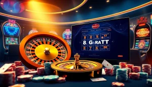 Players enjoying Bugatti8 online casino with vibrant slot machines and roulette in a luxurious setting.