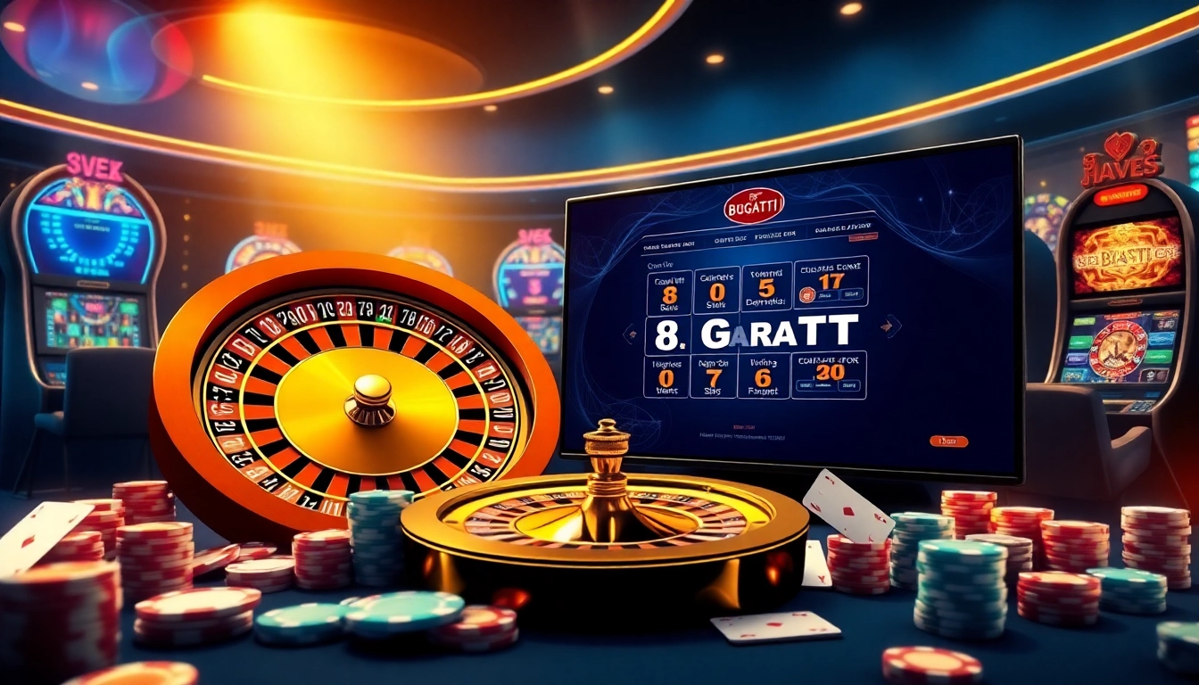 Players enjoying Bugatti8 online casino with vibrant slot machines and roulette in a luxurious setting.