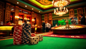 Experience high-stakes gaming at https://www.goaldaddyth.com/ with vibrant poker chips and a roulette wheel.